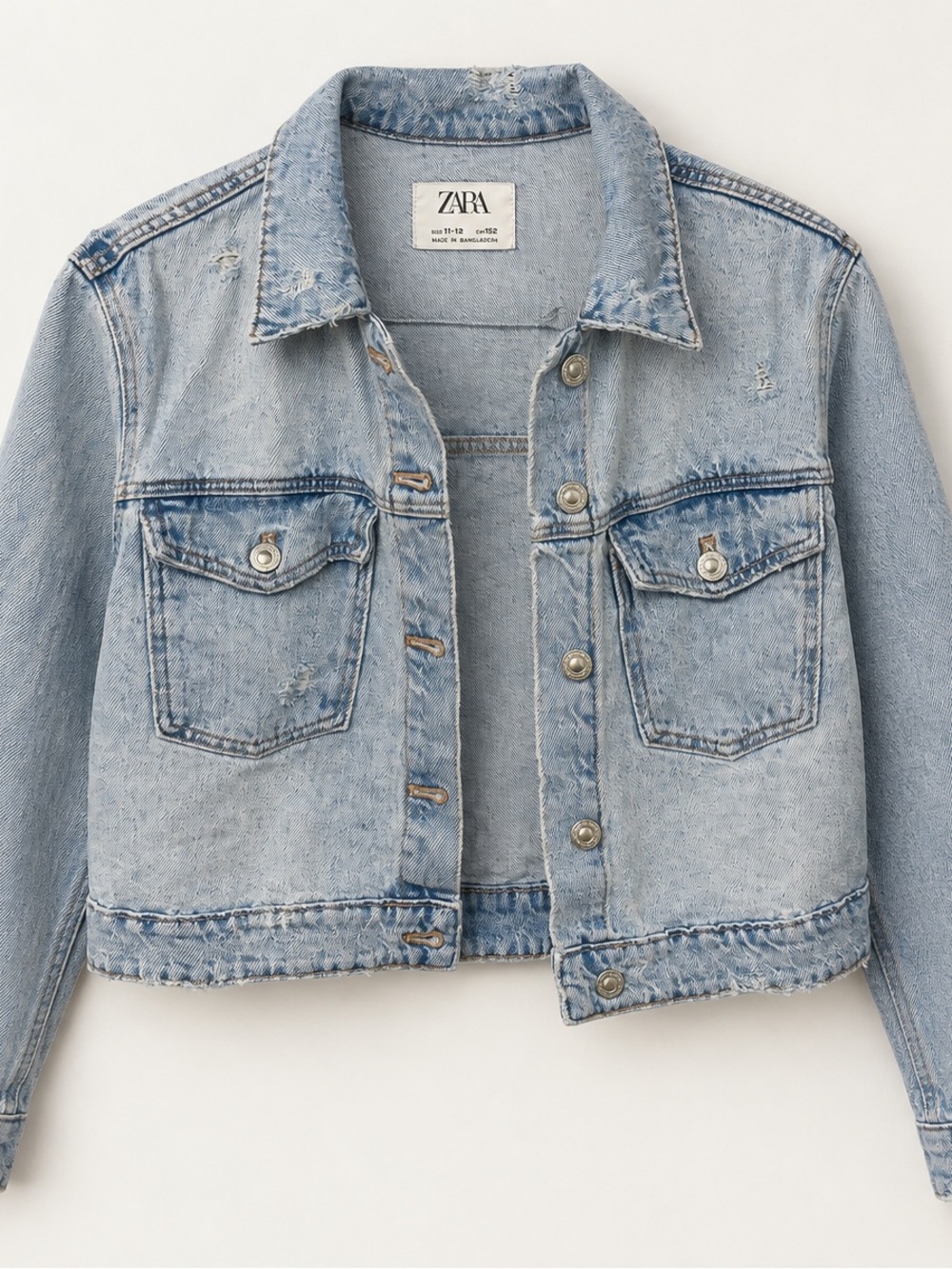 ZARA Washed Light Blue Distressed Boxy Denim Jacket size 11-12 Girls XS/S women